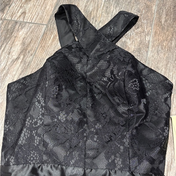 Cocktail Semi Formal Satin Black Lace Halter Dress - Picture 5 of 6